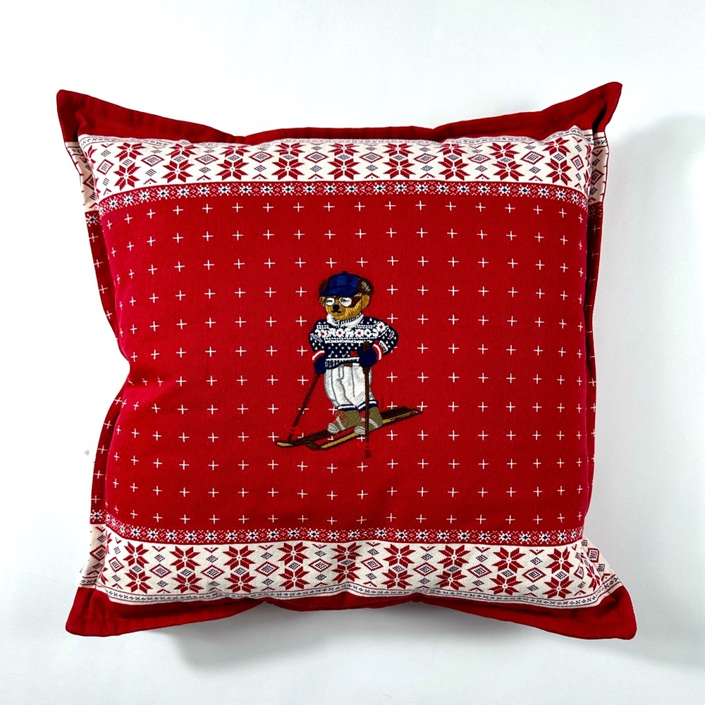 Embroidered Ski Bear - Polo Bear Down Pillow - Red - 20”x20”